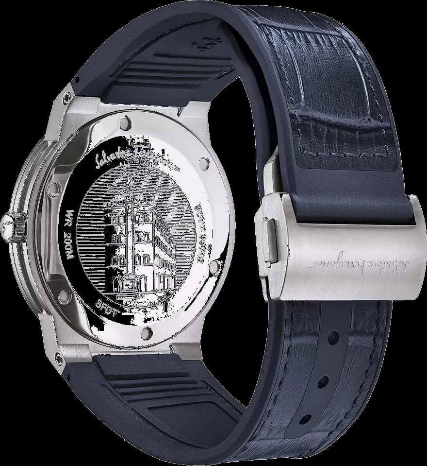Cadran bleu de la montre Salvatore Ferragamo SFDT00319 en détail
