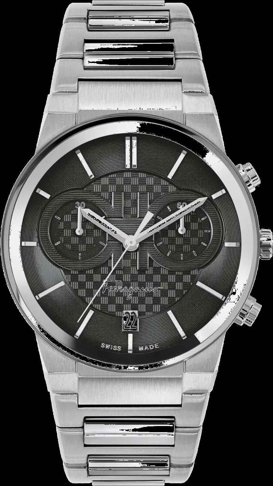 Montre homme Salvatore Ferragamo SFME00321, chronographe, cadran noir, bracelet acier