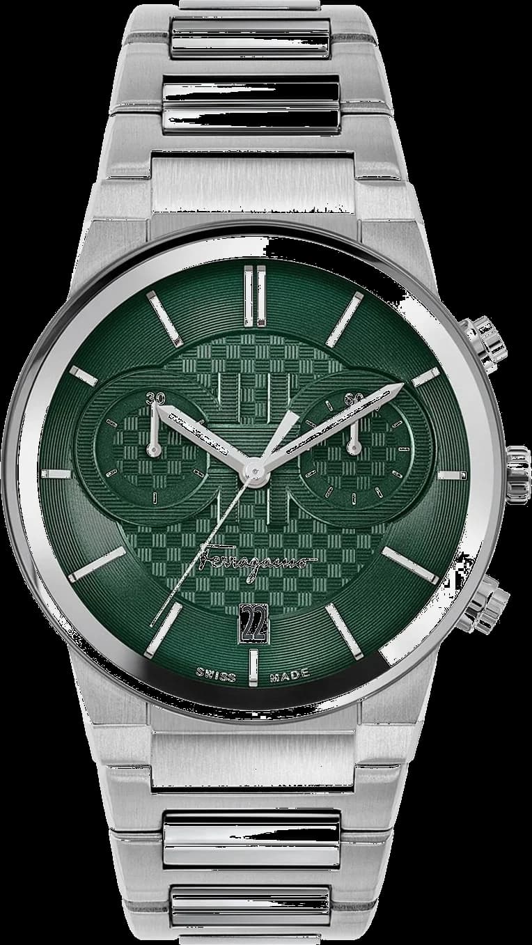 Montre homme Salvatore Ferragamo SFME00421, chronographe, cadran vert, bracelet acier