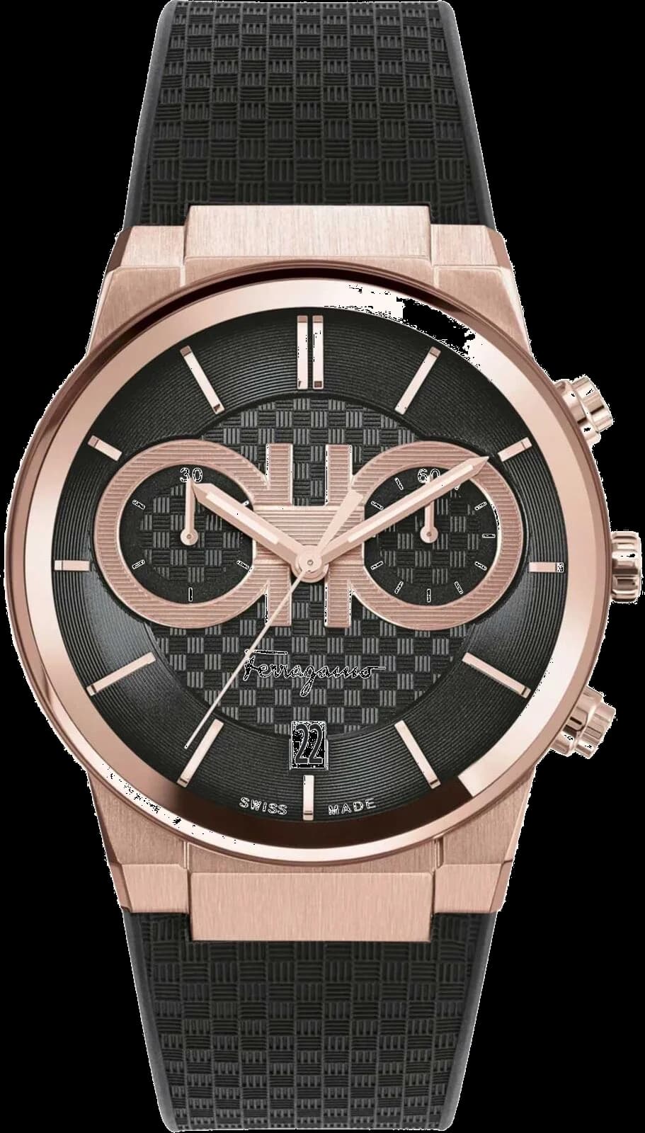 Montre homme Salvatore Ferragamo SFME00721, acier or rose et silicone noir cadran noir