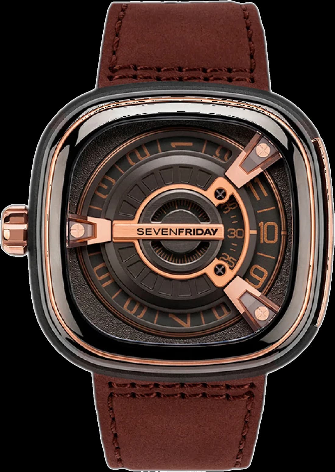 Montre homme Sevenfriday M2/02, boîtier acier PVD or rose, bracelet cuir de veau