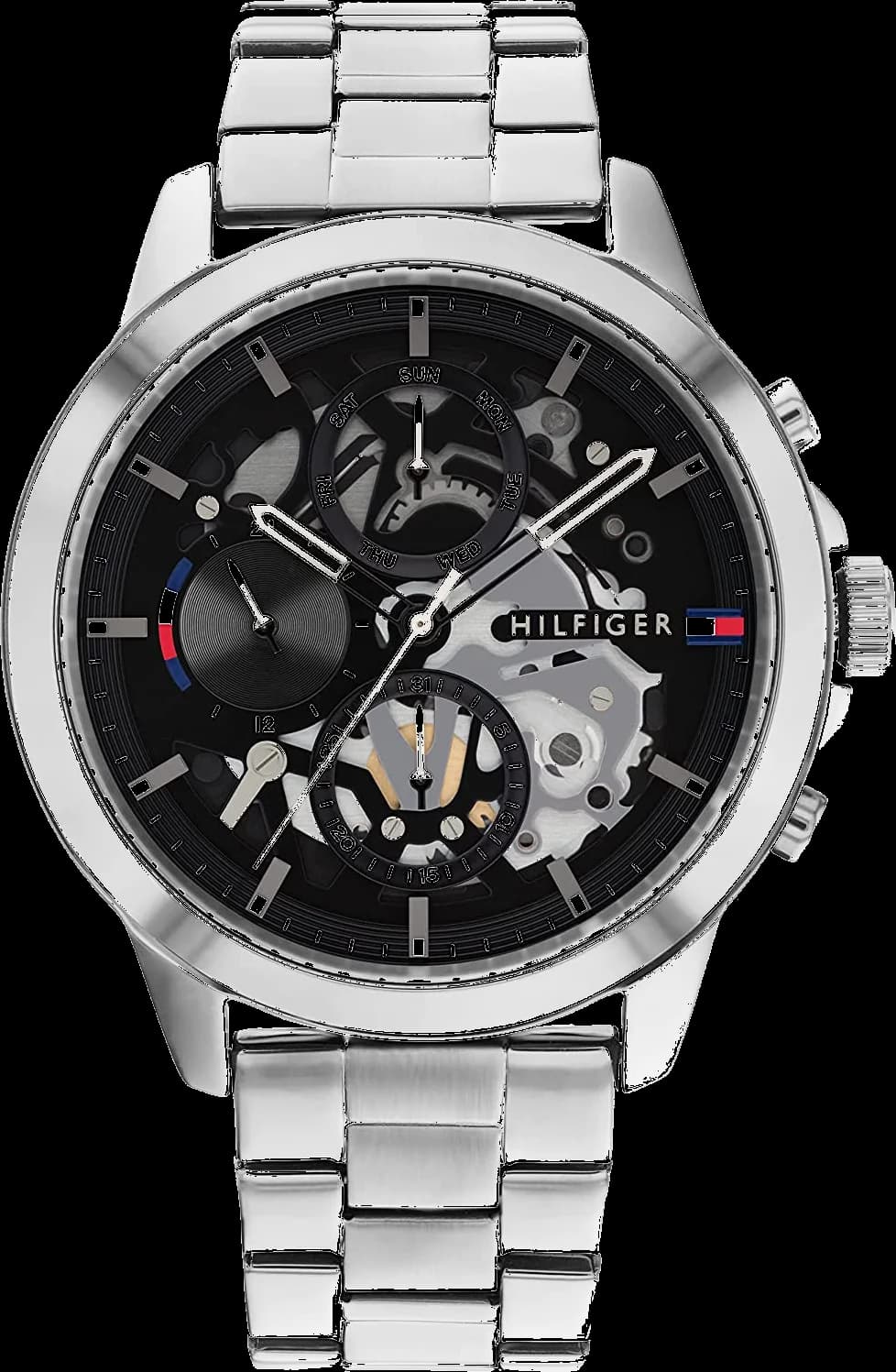 Montre homme Tommy Hilfiger 1710477, au cadran noir squelette et bracelet acier