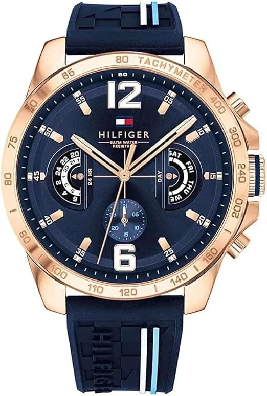 Montre homme Tommy Hilfiger 1791474, cadran bleu et bracelet silicone avec boîtier or rose