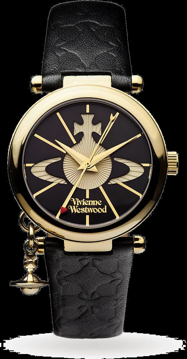 Montre femme Vivienne Westwood VV006BKGD, cadran noir, bracelet cuir, boîtier doré