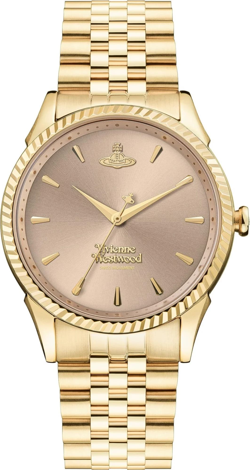 Montre Vivienne Westwood VV240PKGD vue principale cadran rose avec index dorés et aiguilles dorées, style élégant et féminin