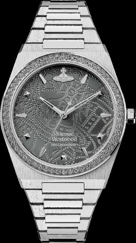 Montre Vivienne Westwood VV244GYSL au cadran gris soleillé avec logo Orb et aiguilles argentées sur bracelet acier