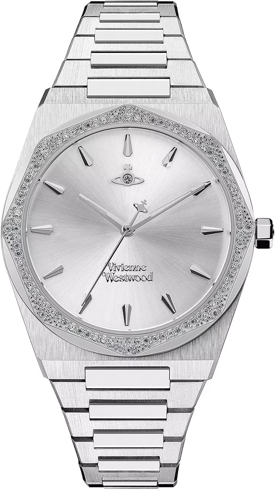 Montre Vivienne Westwood VV244SLSL au cadran blanc orné du logo iconique et d'index strass, style chic et lumineux
