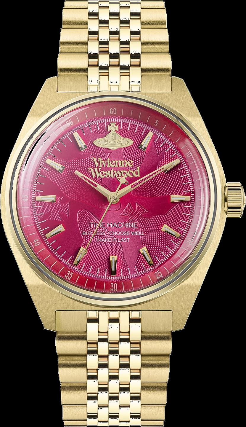 Montre femme Vivienne Westwood VV251RRGD, sur fond rose avec indices dorés sur acier