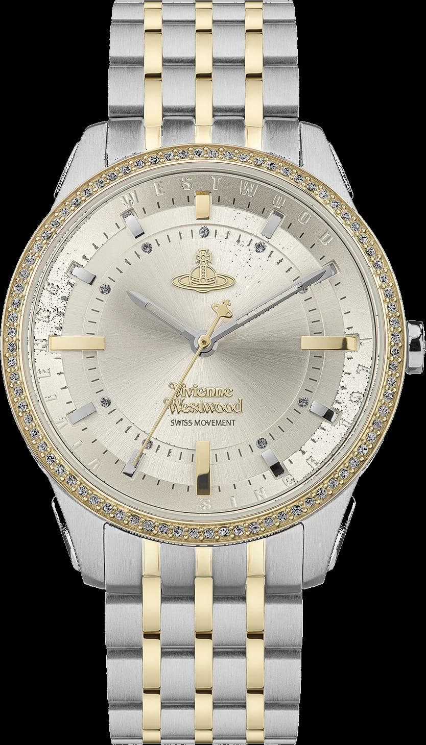 Montre femme Vivienne Westwood VV262LGYSG, mélange bicolore acier et or sur fond gris