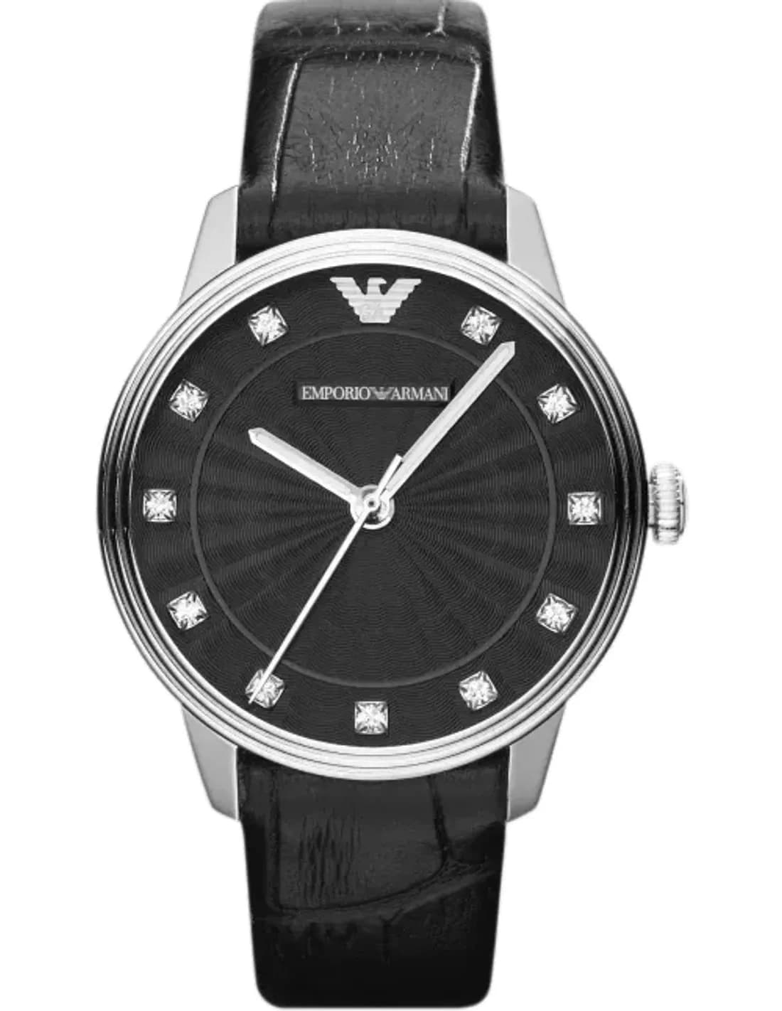 Montre Emporio Armani AR1618 Bracelet En Cuir Noir façon croco et Strass