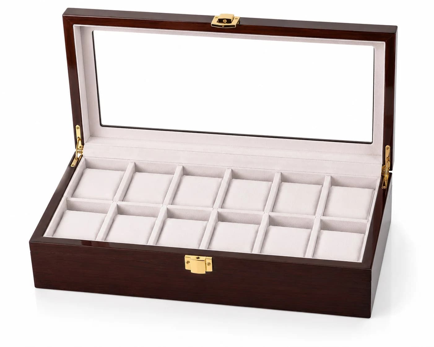 Boîte à montres Gandi marron en bois à 12 compartiments et couvercle vitré