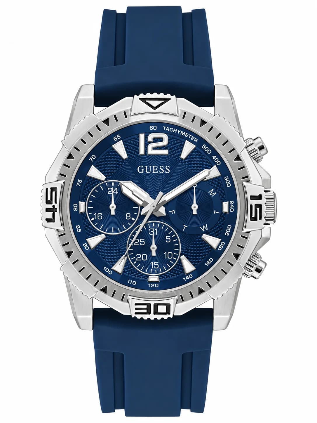 Montre Guess GW0211G1 avec cadran bleu soleil et index argentés sur fond bleu profond