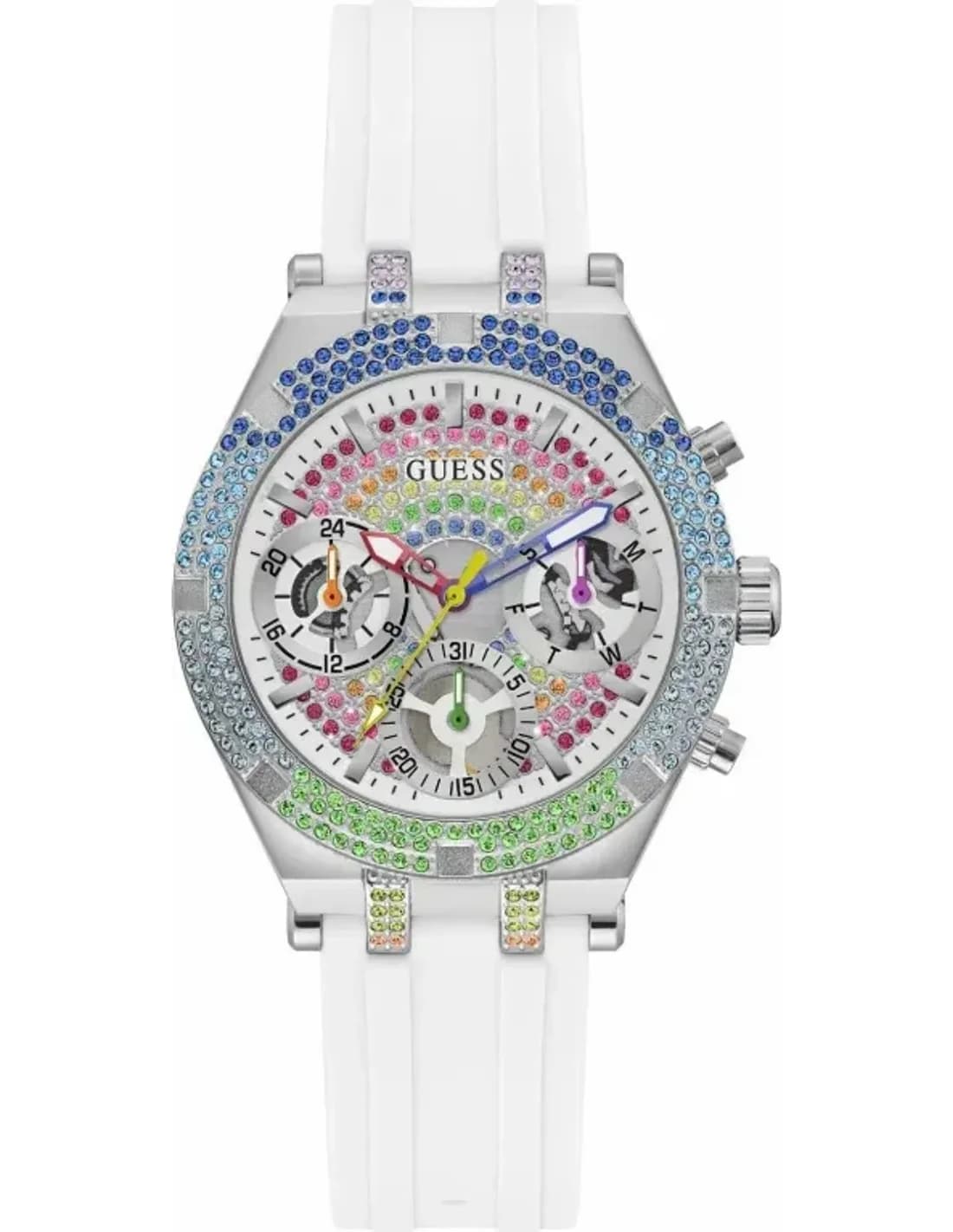 Montre Femme Guess Heiress GW0407L4 bracelet silicone blanc boitier orné de cristaux multicolores