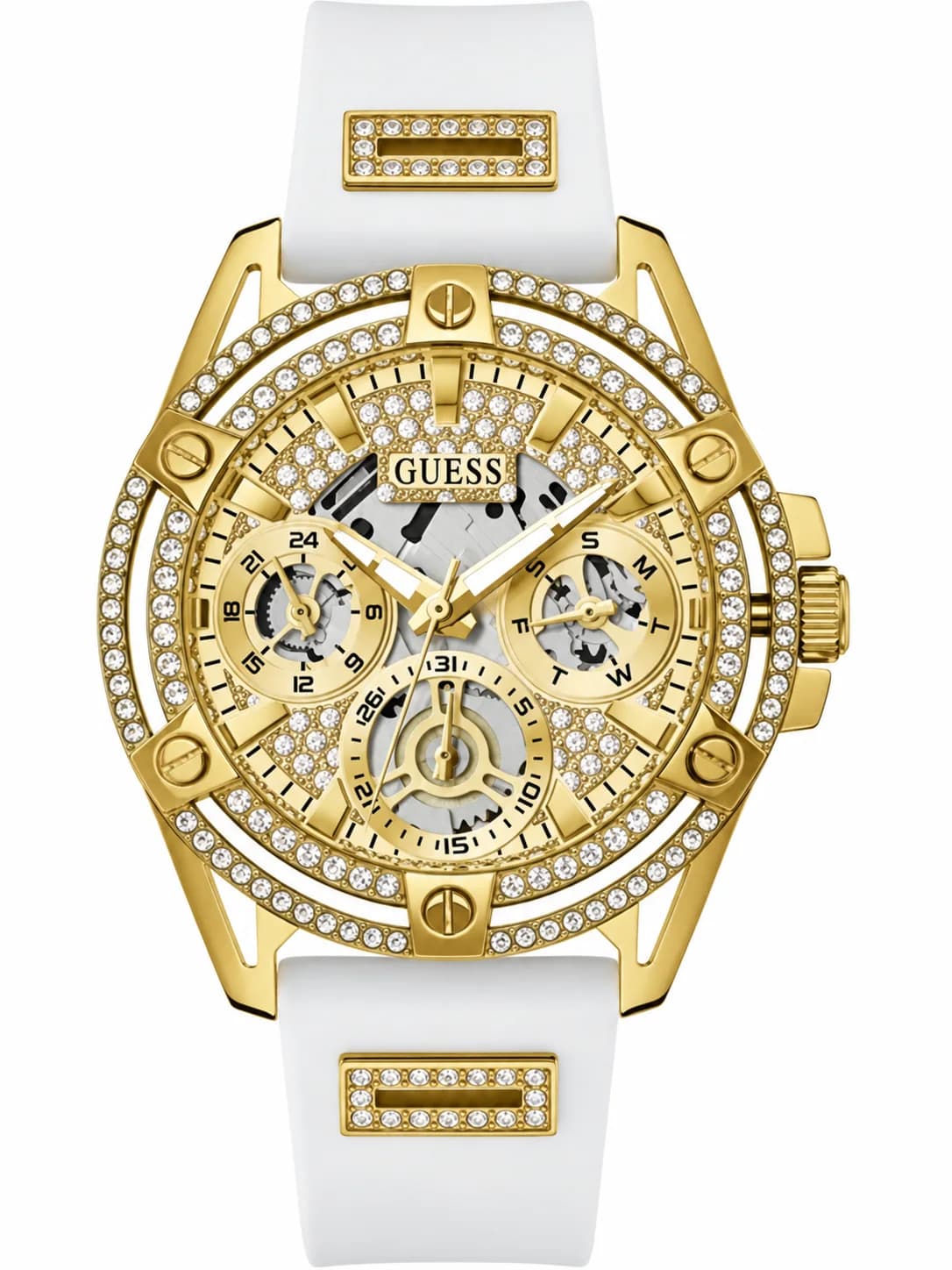 Montre femme Guess GW0536L2, cadran or, bracelet silicone blanc strass