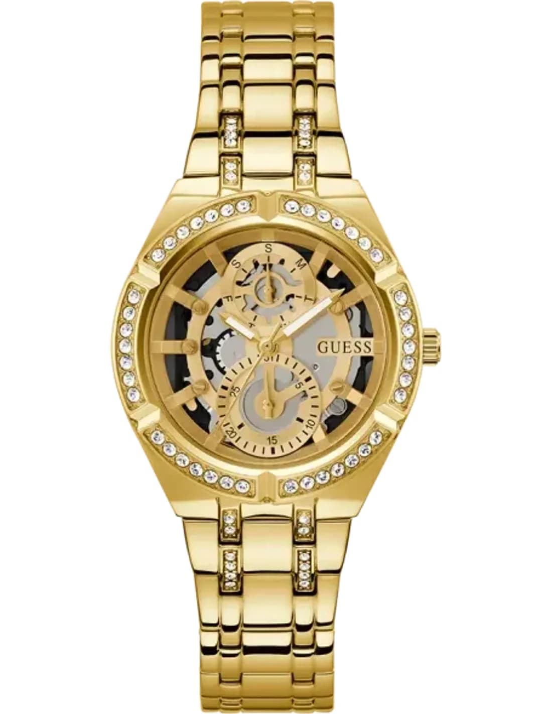 Montre Femme Guess Allara GW0604L2 bracelet acier doré cadran squelette cristaux multifonctions