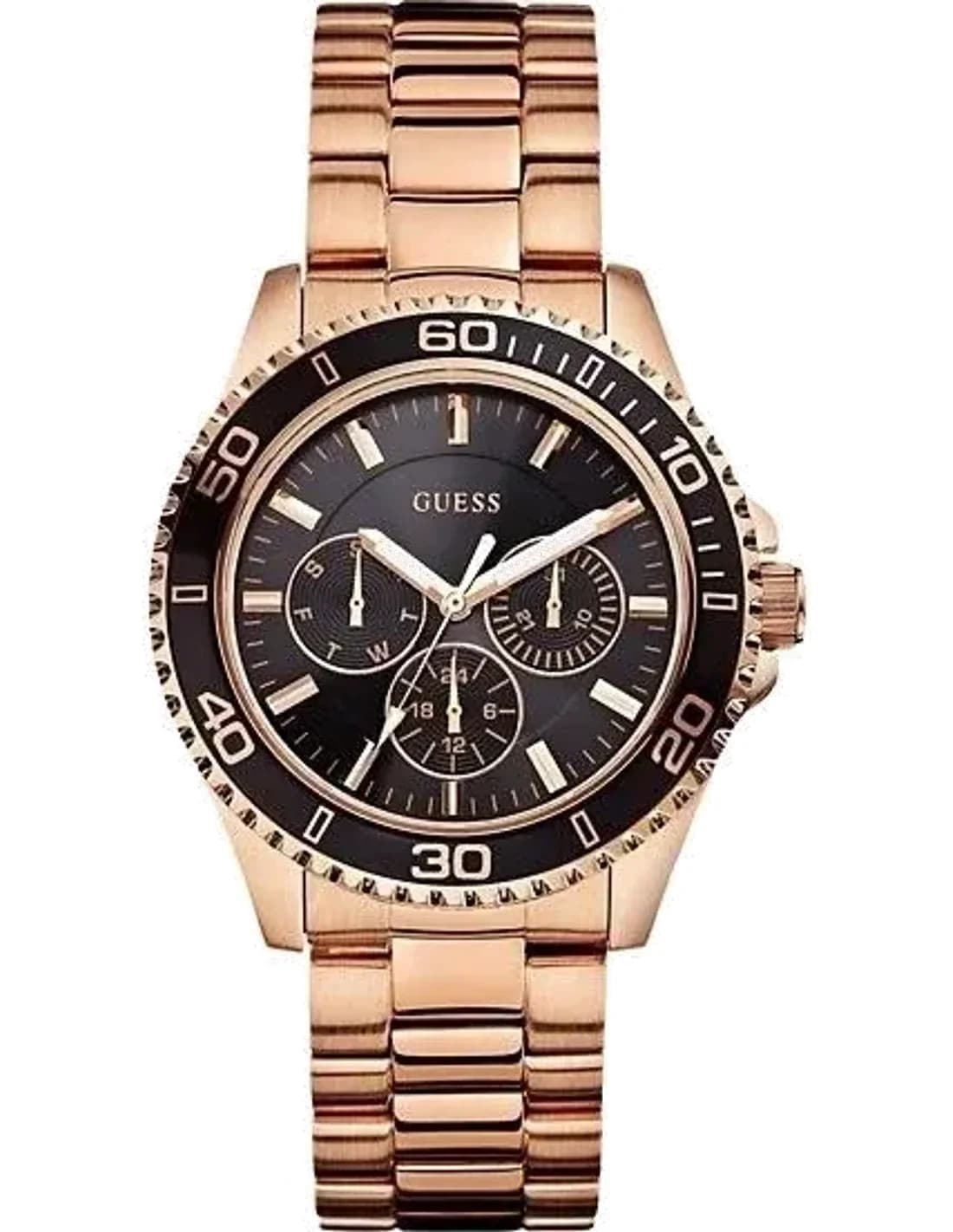 Montre femme Guess W0231L7, cadran noir multifonction, bracelet acier or rose 40mm