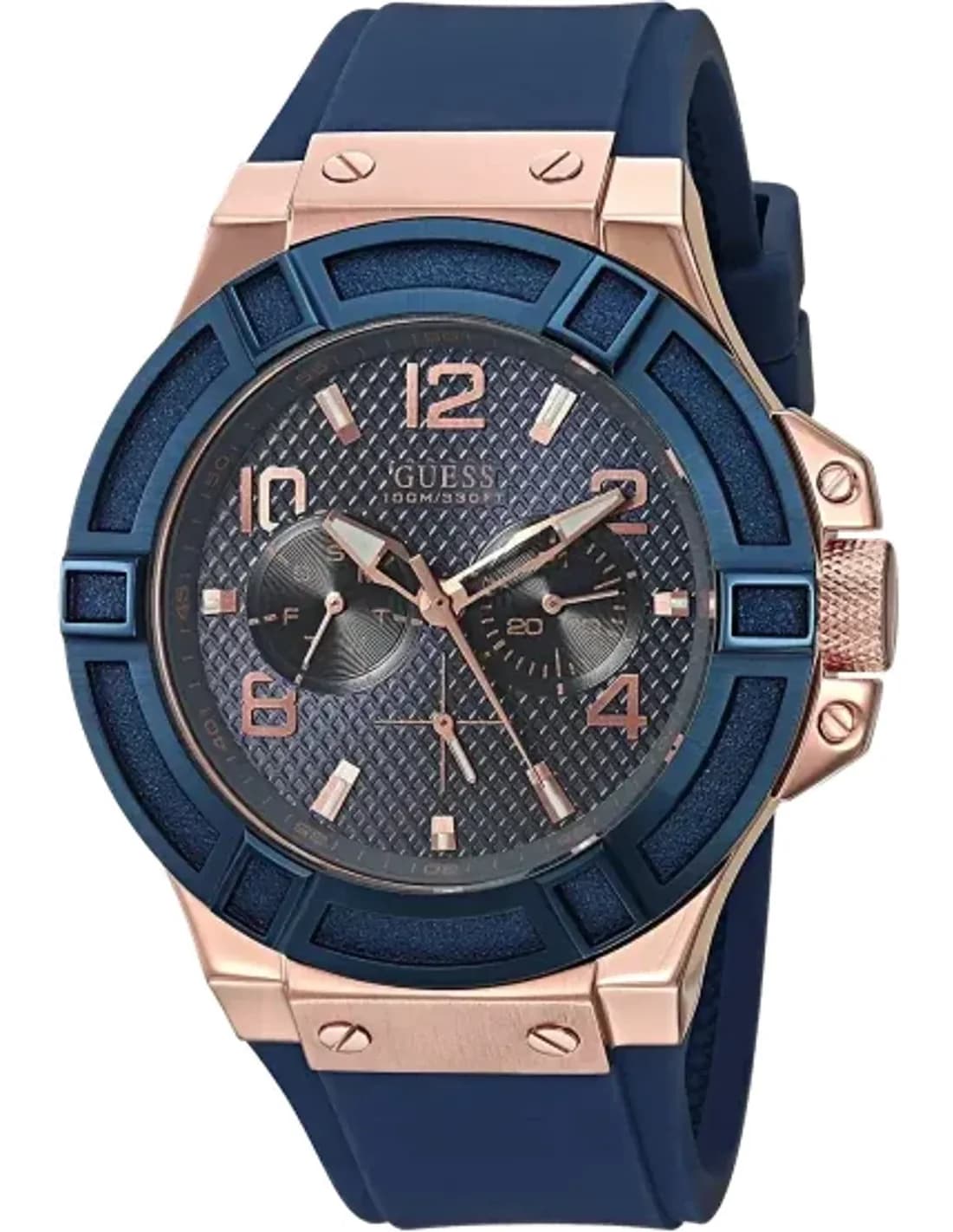 Montre Homme Guess Rigor W0247G3 cadran doré rose bracelet silicone bleu