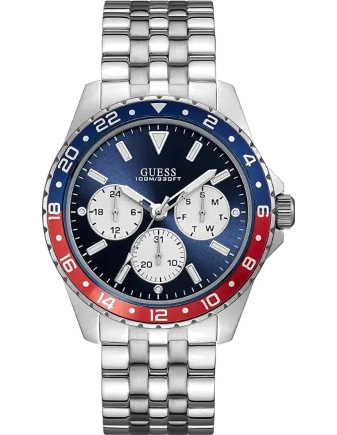 Montre Guess Odyssey W1107G2 cadran multifonction bleu et rouge bracelet acier