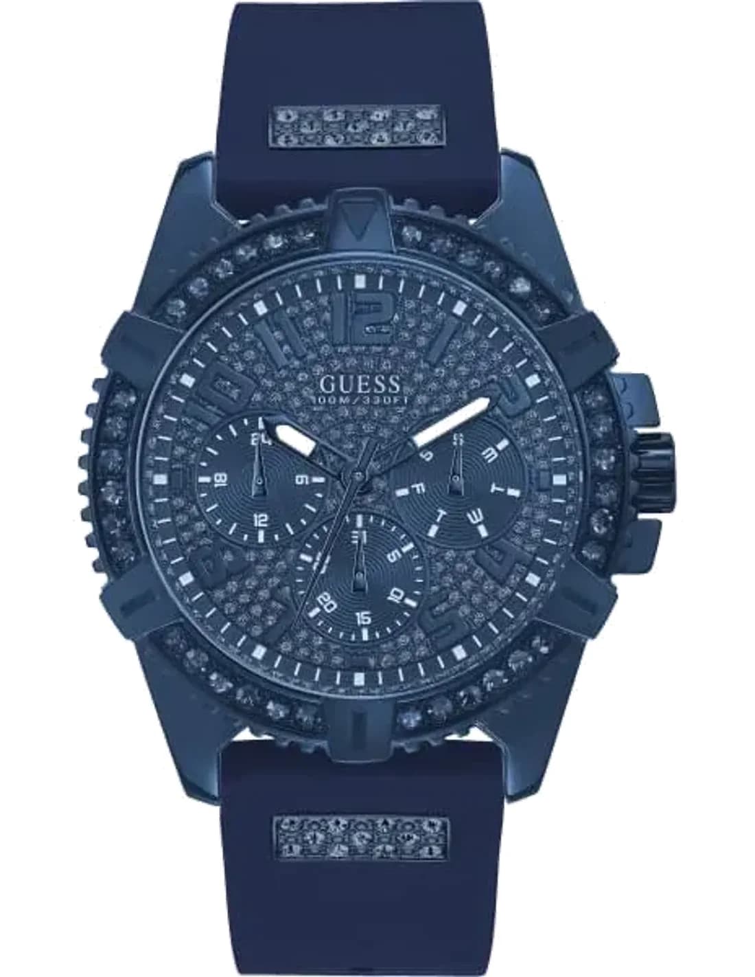 Montre Homme Guess W1132G4 bracelet silicone bleu boitier orné de strass