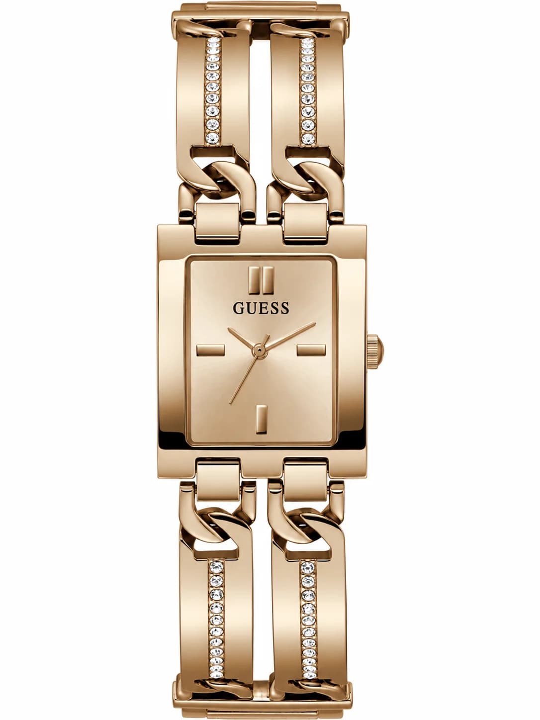 Montre Guess GW0668L3 au cadran blanc nacré, boîtier carré en acier rose gold, index cristaux