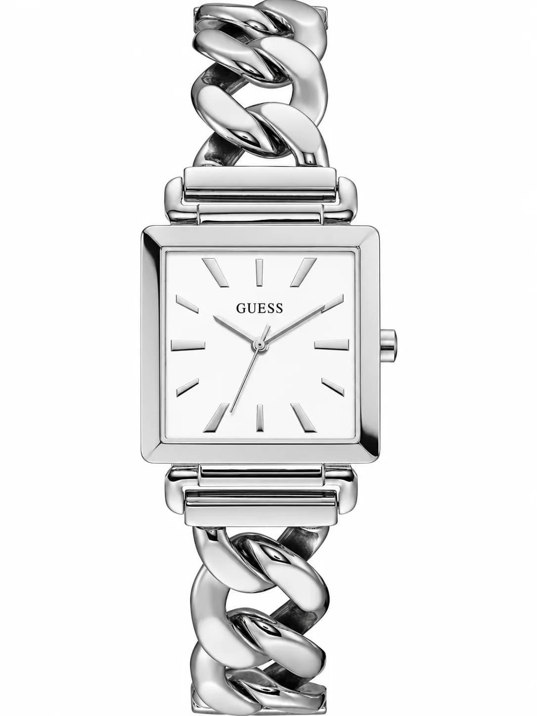 Montre femme Guess W1029L1, boitier carré acier cadran blanc