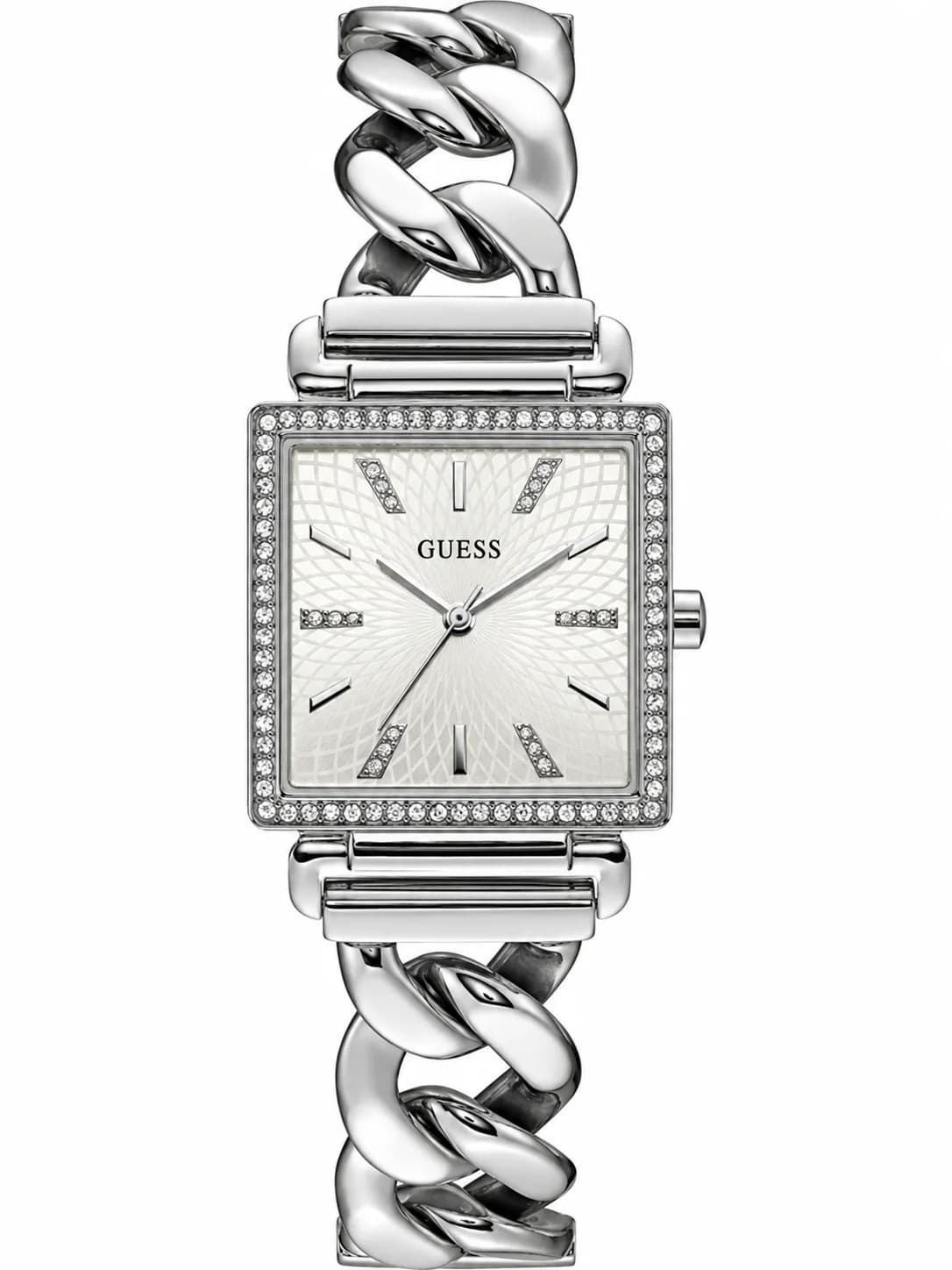 Montre femme Guess W1030L1, boitier carré cristaux cadran blanc