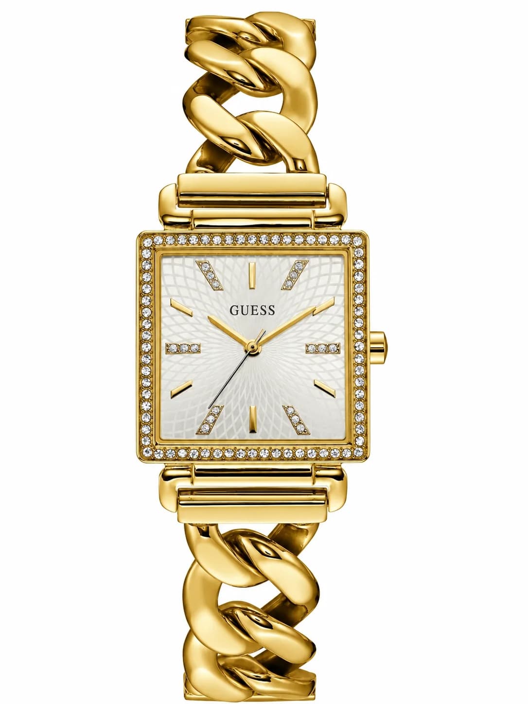 Montre femme Guess W1030L2, boitier carré doré cristaux