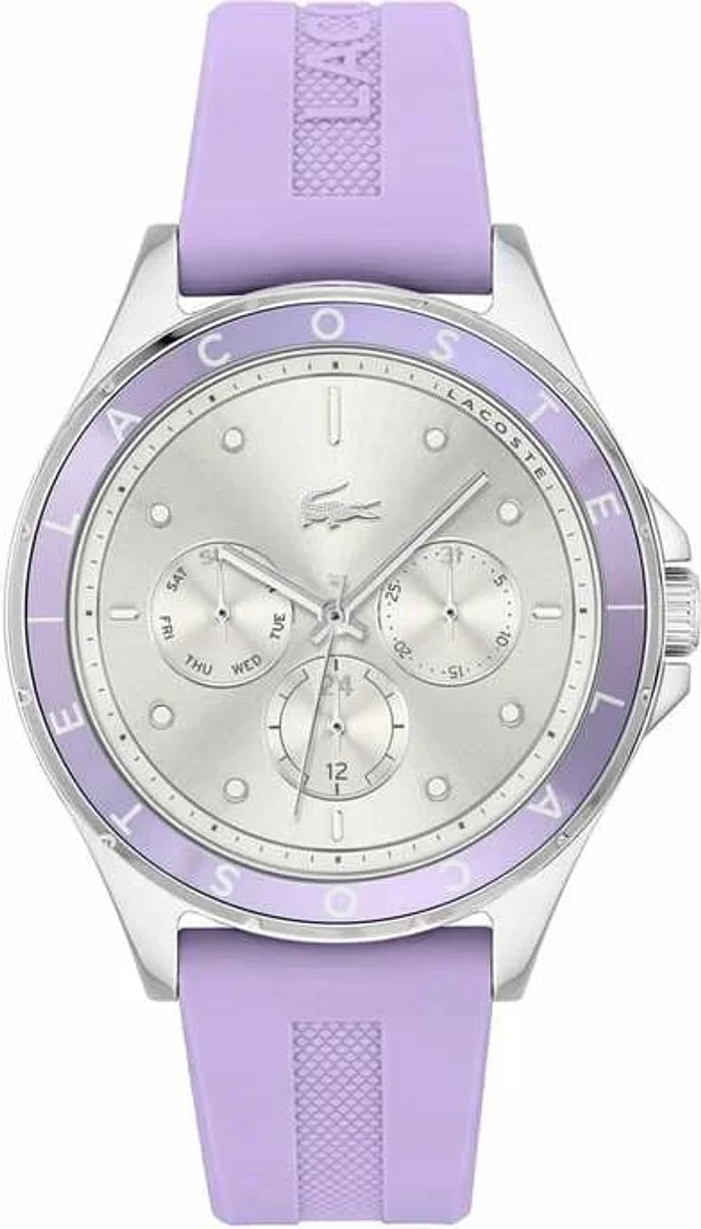 Montre femme Lacoste 2001300, cadran argent multifonctions bracelet silicone lilas