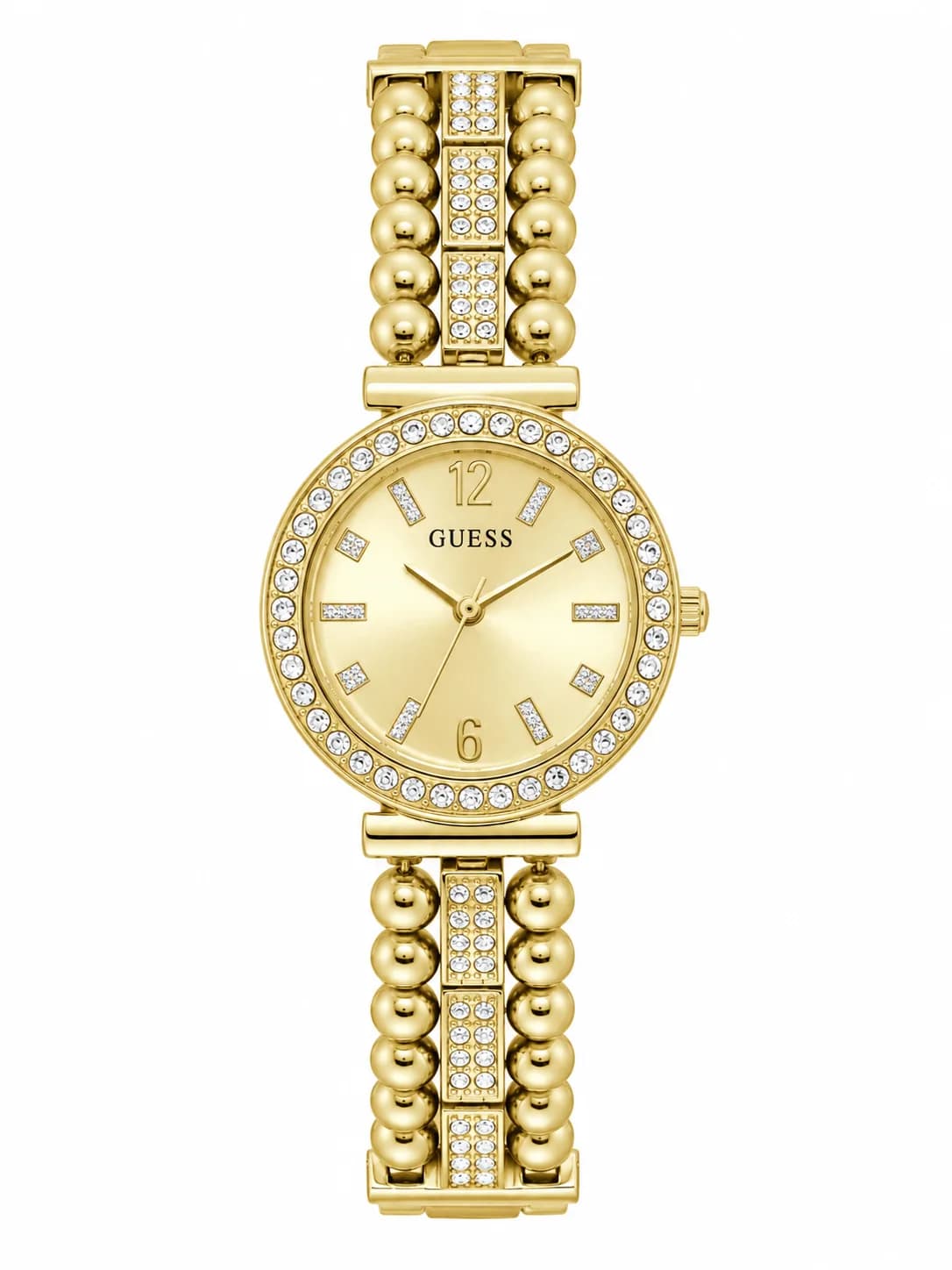 Montre Guess GW0401L2 au cadran blanc nacré, finitions dorées et strass lumineux, style chic et glamour