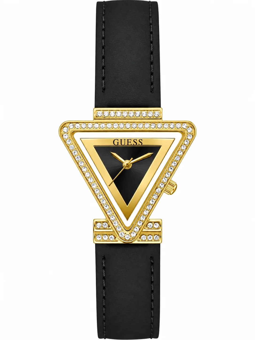 Montre femme Guess GW0504L5, dorée boîtier triangle et cuir noir