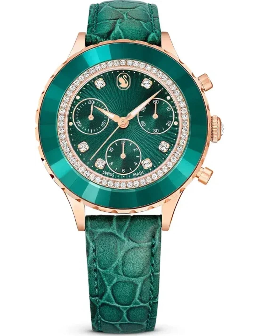 Montre Swarovski Octea Lux Chrono 5672931 bracelet cuir vert finition or rose