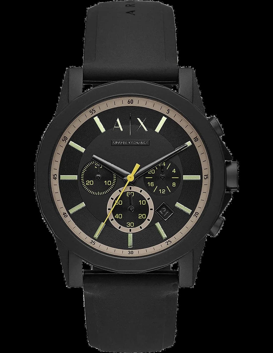 Montre Armani Exchange AX1343 au cadran noir soleil avec index bâtons et aiguilles argentées, style moderne et sport-chic