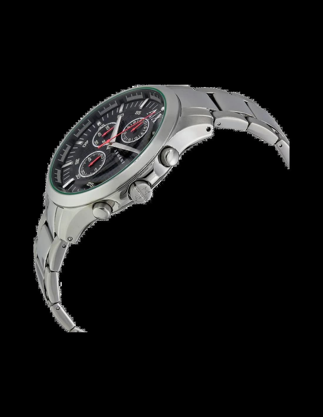 Cadran Armani Exchange AX2163 noir soleillé avec compteurs chrono blancs, index bâtons et guichet date à 4h30, lisibilité optimale