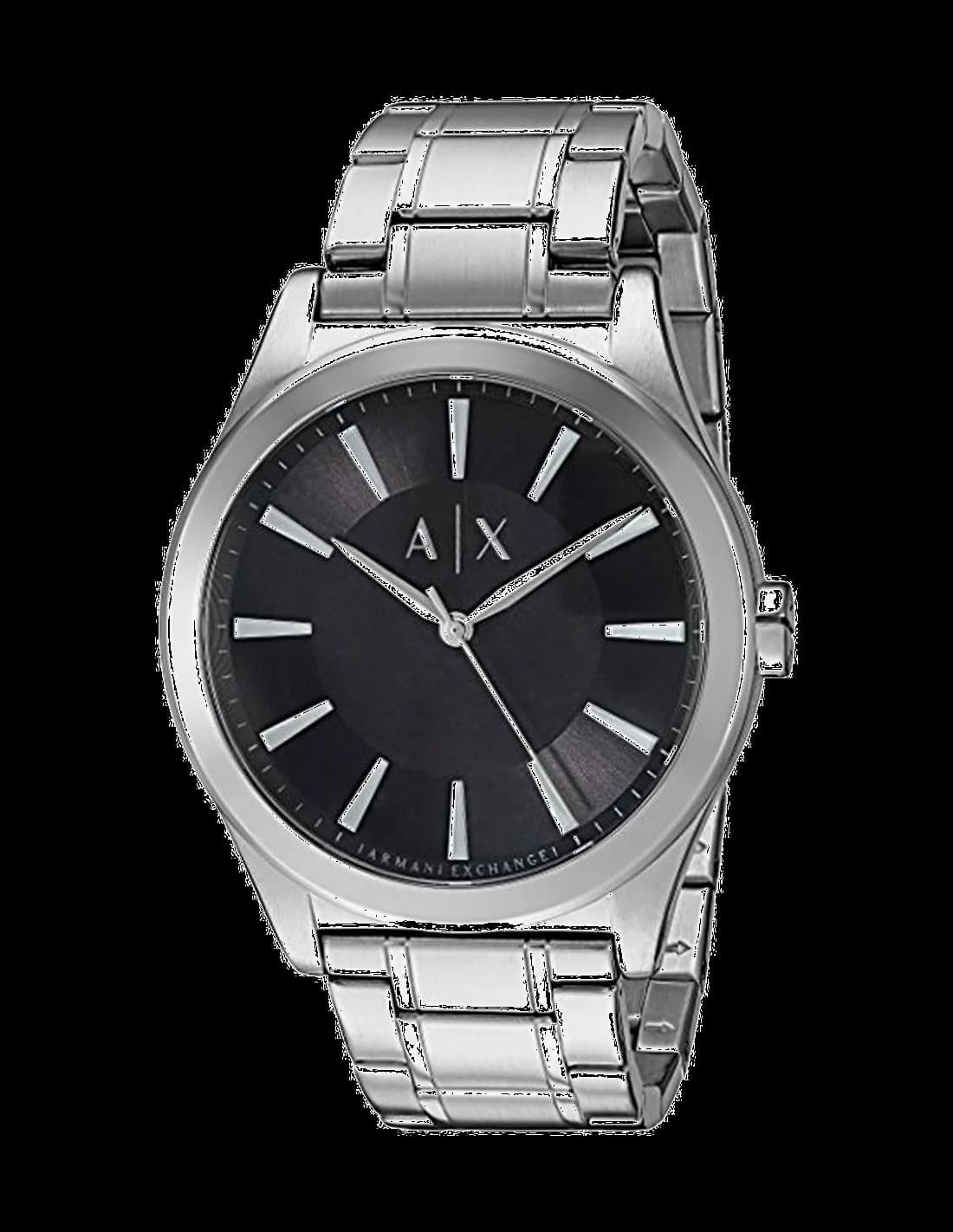 Montre Armani Exchange AX2320 avec cadran noir soleil et index bâtons argentés, style minimaliste chic