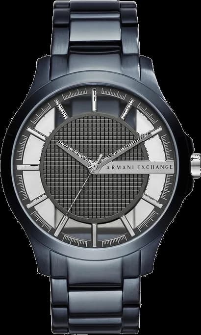 Montre Armani Exchange AX2401 avec cadran transparent dévoilant le mécanisme, boîtier acier bleu et index argentés