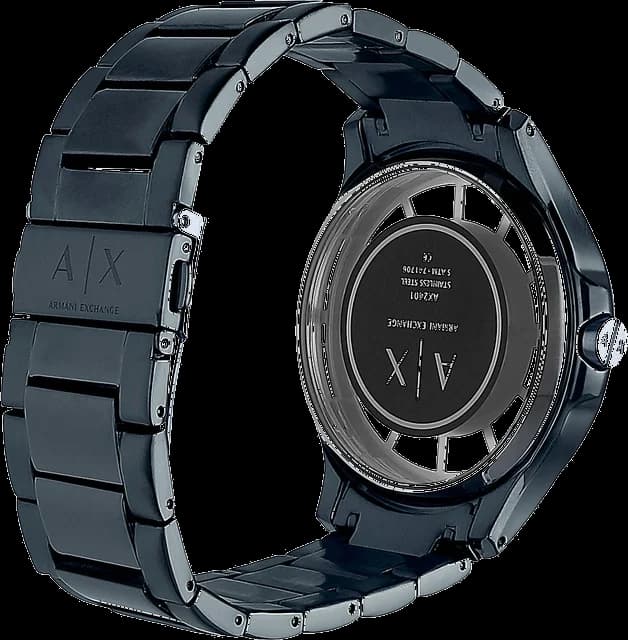 Cadran Armani Exchange AX2401 au cadran squelette laissant voir les rouages, aiguilles bleues et index appliqués lumineux