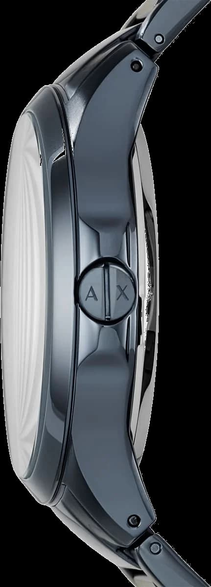 Bracelet Armani Exchange AX2401 en acier maillé bleu assorti au boîtier, fermoir déployant sécurisé et finition brossée