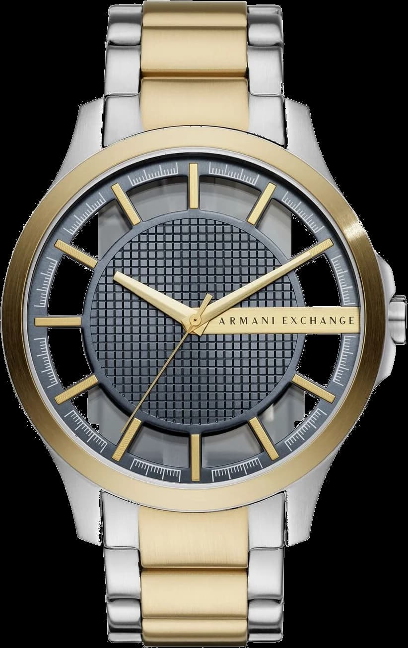 Montre Armani Exchange AX2403 au cadran transparent dévoilant le mouvement, acier bicolore argent et or