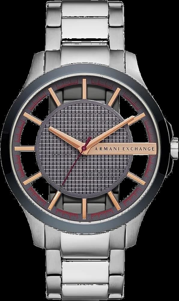 Montre Armani Exchange AX2405 en acier brossé avec cadran transparent laissant voir le mouvement automatique, style moderne et épuré
