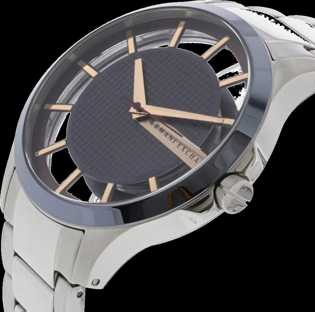 Cadran Armani Exchange AX2405 transparent dévoile le mécanisme squelette, index bâtons et aiguilles luminescentes pour une lisibilité optimale