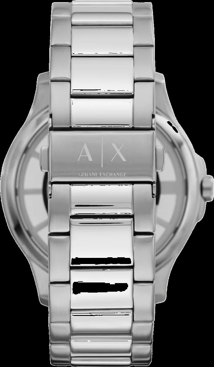 Boîtier Armani Exchange AX2405 rond en acier de 42 mm, lunette fine polie, verre saphir bombé, vue de profil élégante et sportive