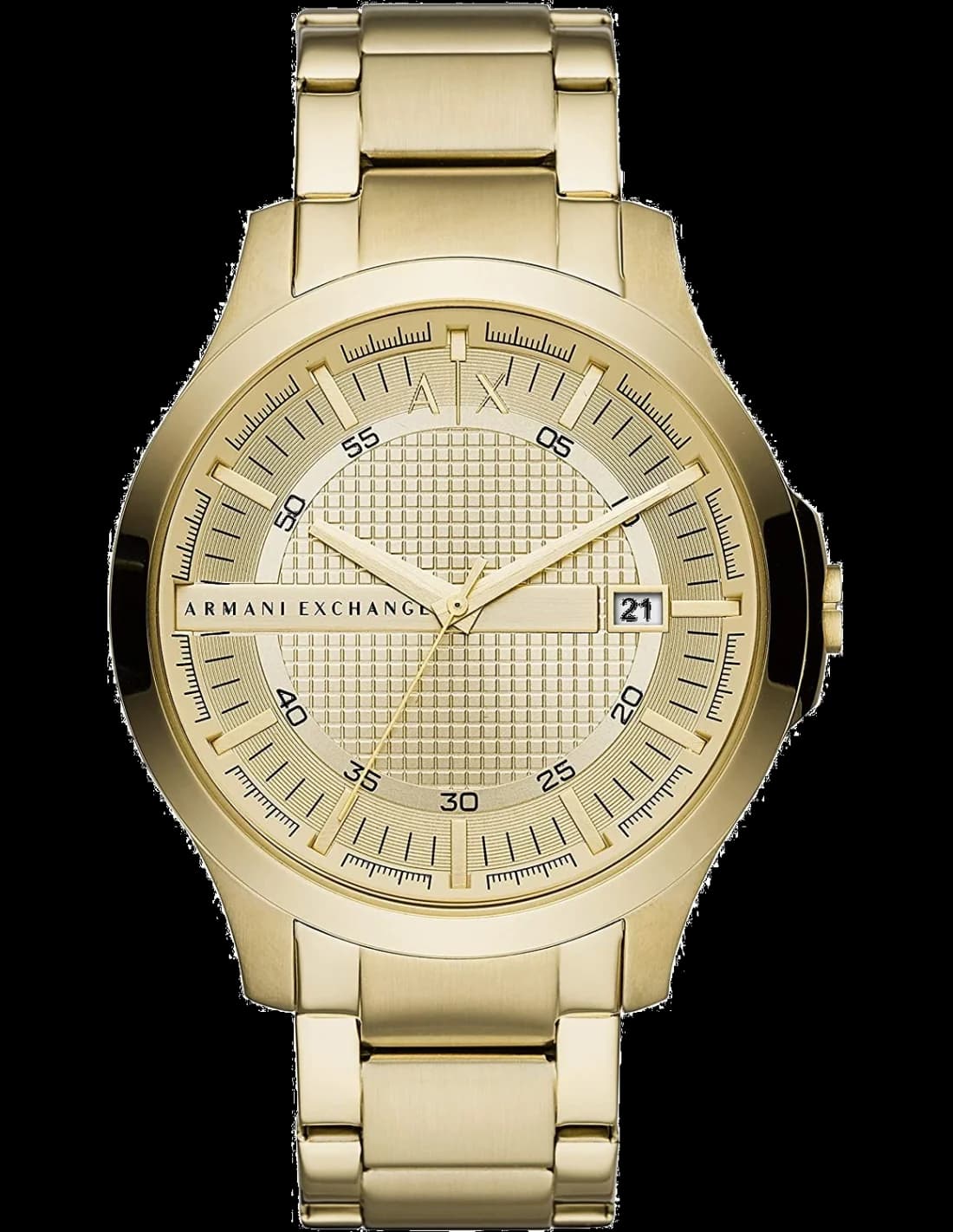 Montre Armani Exchange AX2415 avec cadran noir soleillé, index bâtons dorés et aiguilles dorées, style chic et moderne