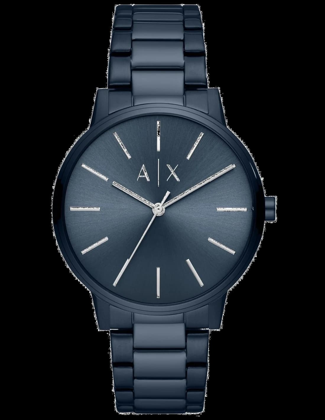 Montre Armani Exchange AX2702 au cadran bleu soleil avec index bâtons et aiguilles argentées, style moderne et élégant