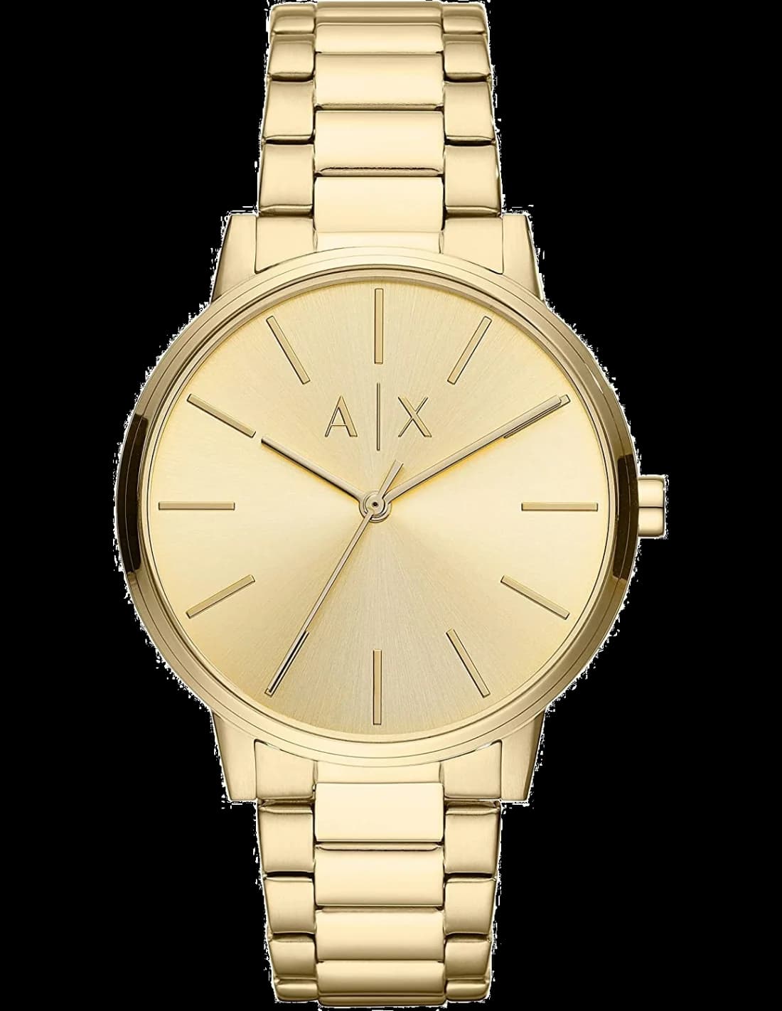 Montre Armani Exchange AX2707 au cadran noir contrasté sur boîtier acier doré jaune, style chic et moderne