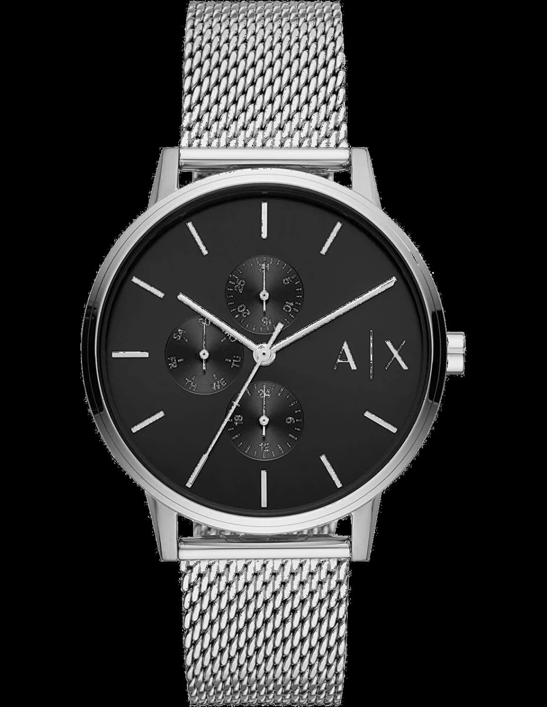 Montre Armani Exchange AX2714 au cadran noir soleil et index bâtons argentés, style contemporain