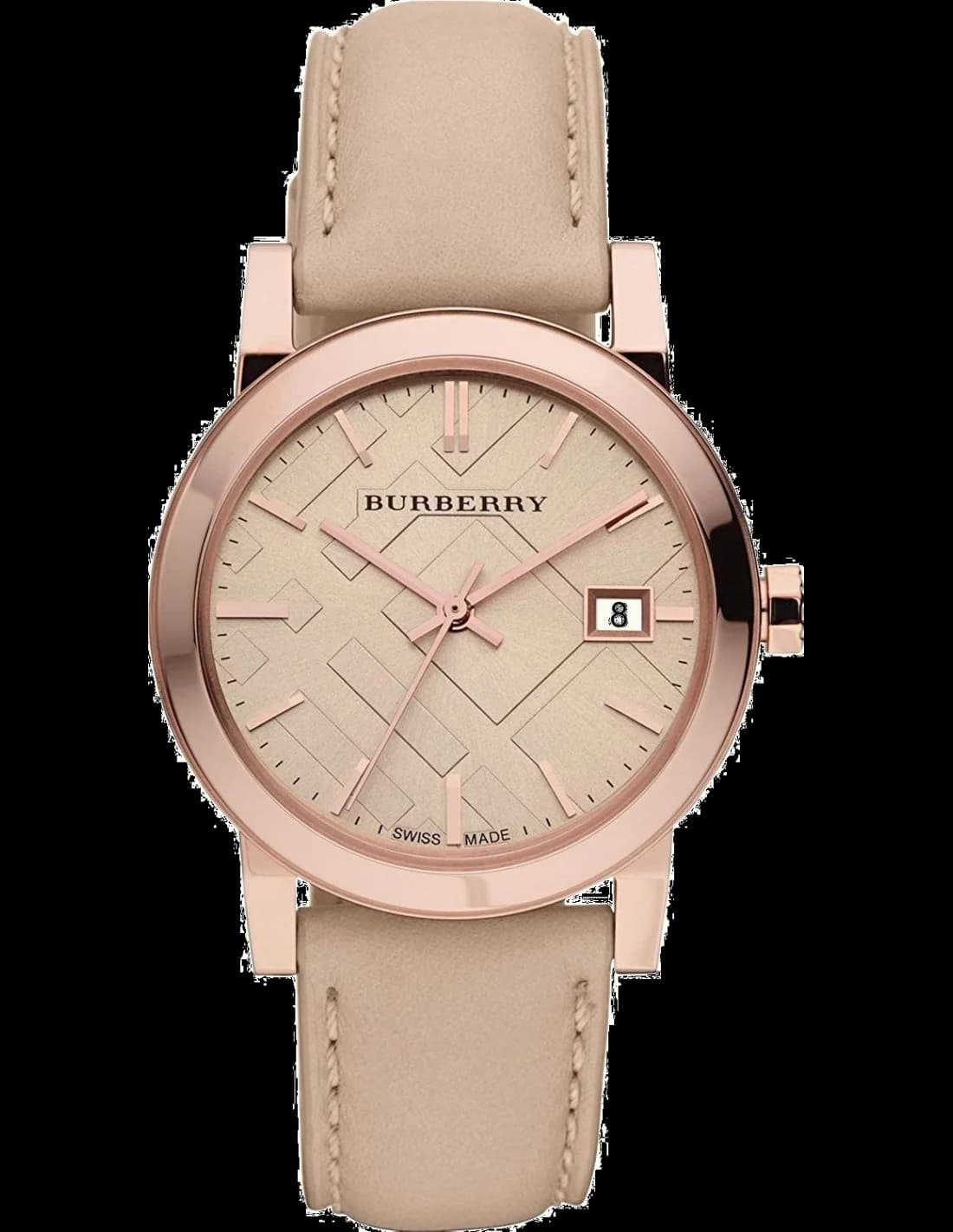 Montre Burberry BU9014 avec cadran blanc, index dorés et motif check signature sur fond soleil