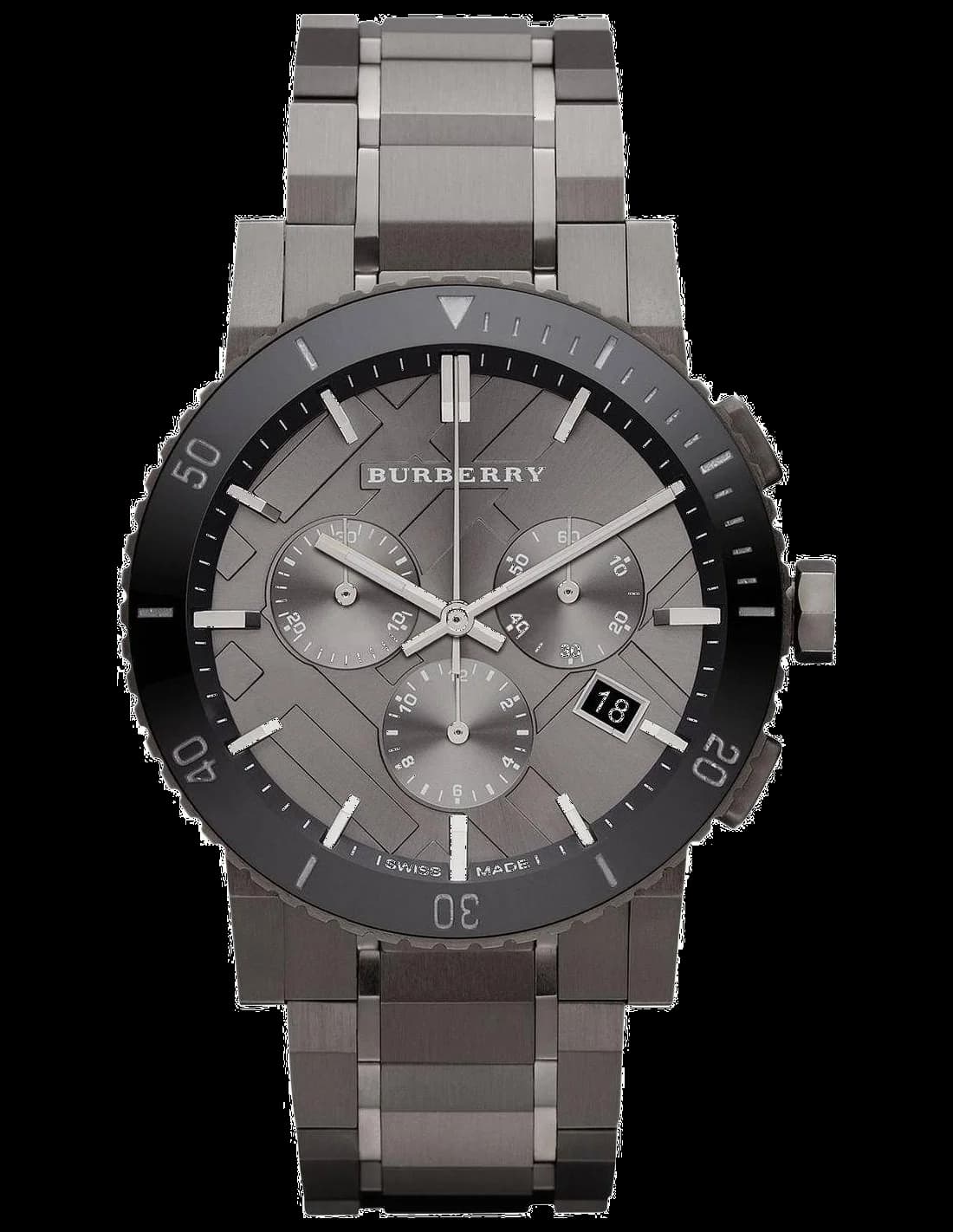 Montre Burberry BU9381 présentant un cadran gris soleillé avec compteurs chronographe, acier brossé et finition sport élégante