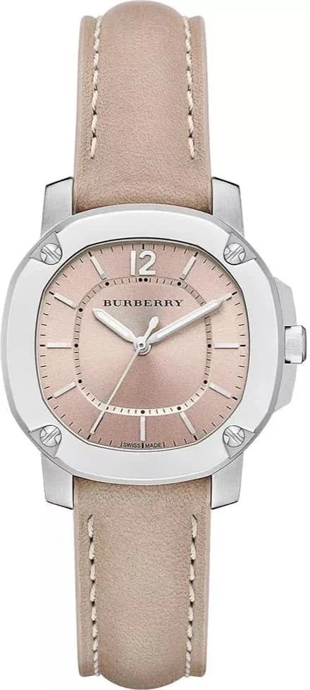 Montre Burberry BBY1700 au cadran beige soleillé, aiguilles dauphines et index bâtons, style classique chic