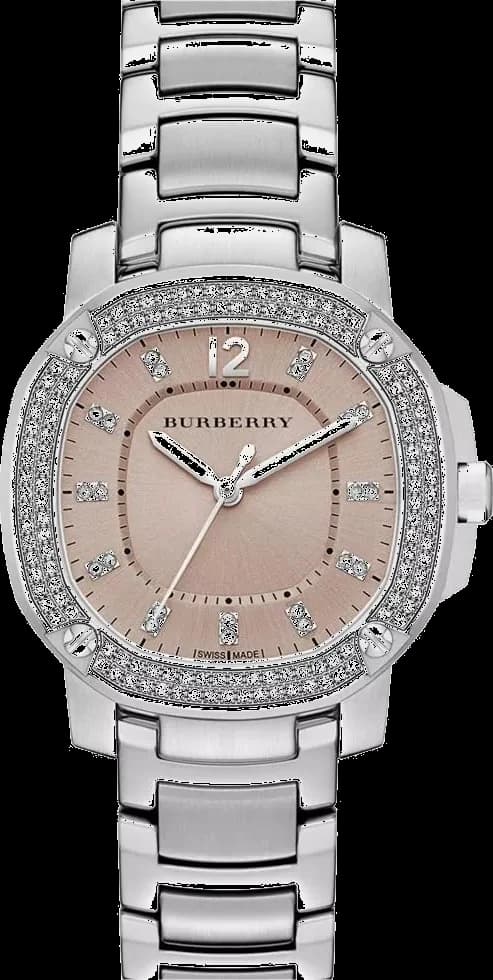 Montre Burberry BBY1803 au cadran blanc nacré, index en cristaux Swarovski et boîtier acier brossé