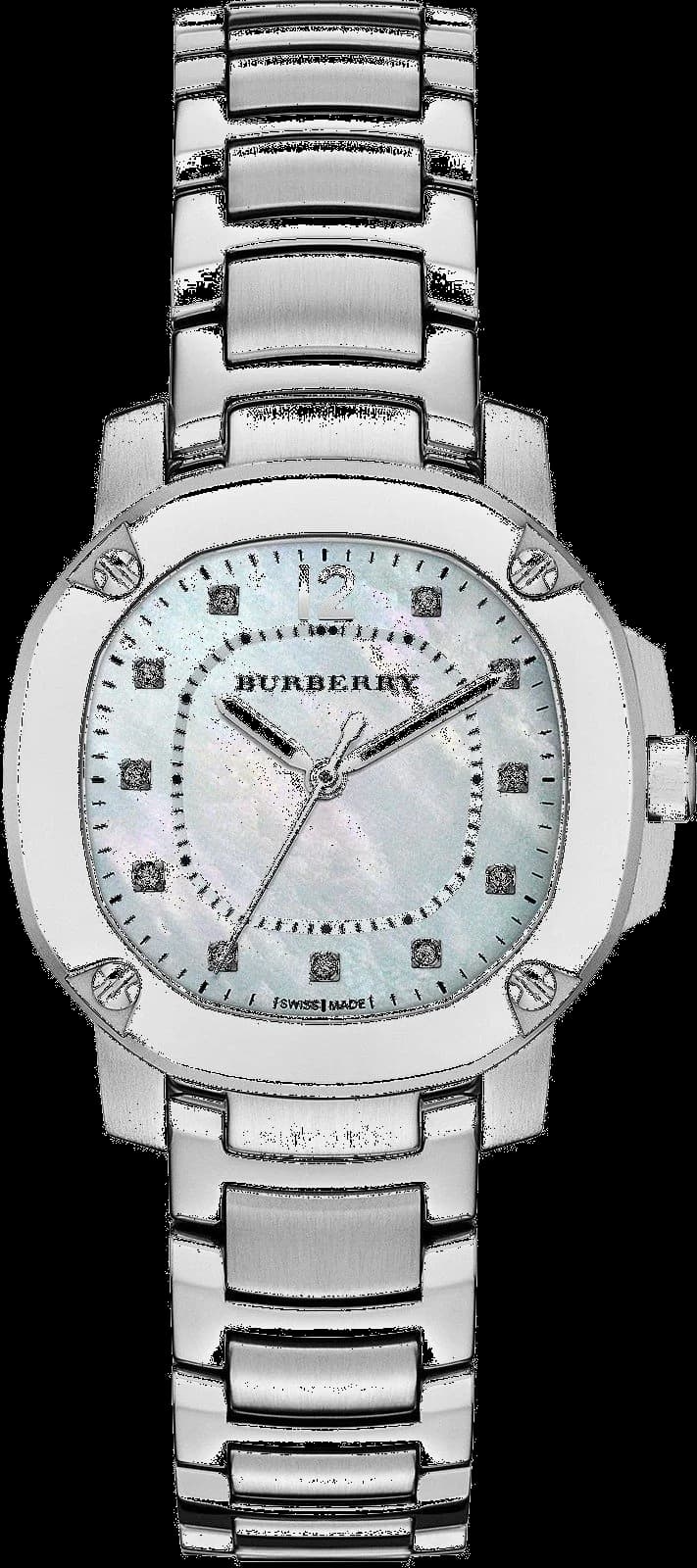 Montre Burberry BBY1804 en acier avec cadran nacré blanc et cristaux Swarovski, élégance britannique